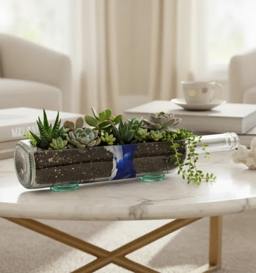 KRYSTAL KRAFT Grey Goose Glass Pot Table Top Planter – Handcrafted upcycled bottle planter for indoor and outdoor décor, sustainable and eco-friendly home accessory, perfect for succulents, herbs, or decorative plants.