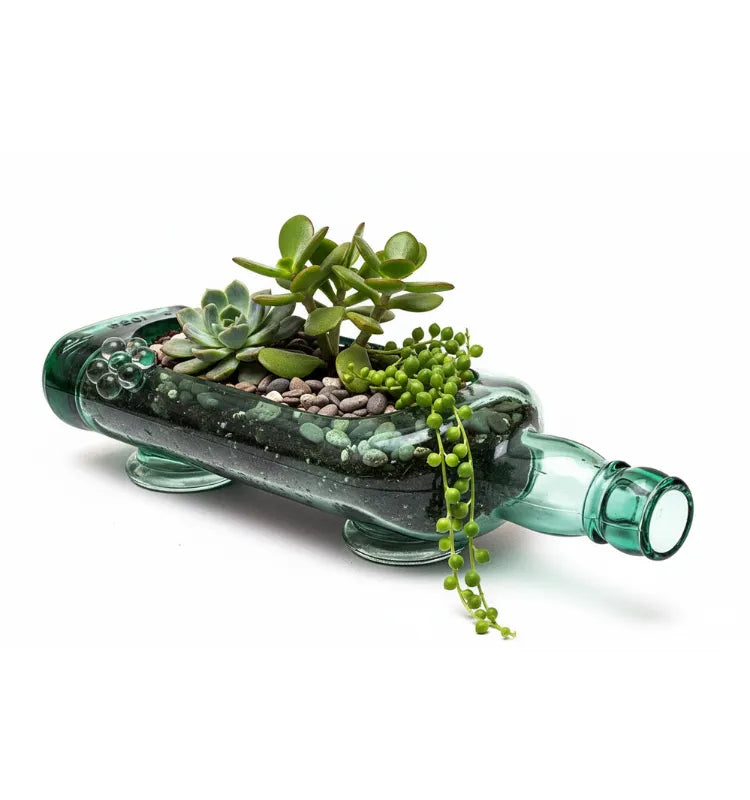 KRYSTAL KRAFT Eco-Friendly Glass Table Top Planter in Sea Green, Upcycled Liquor Bottle with Drilled Drainage, Handcrafted Indoor Home Décor for Balcony, Kitchen, Office"