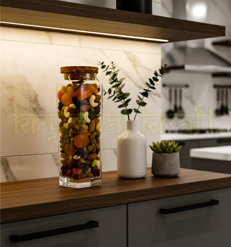 Handcrafted upcycled Gold Label square glass jar with a smooth finish and airtight wooden cork lid, designed by Raees Ahmed Merchant for sustainable kitchen storage.