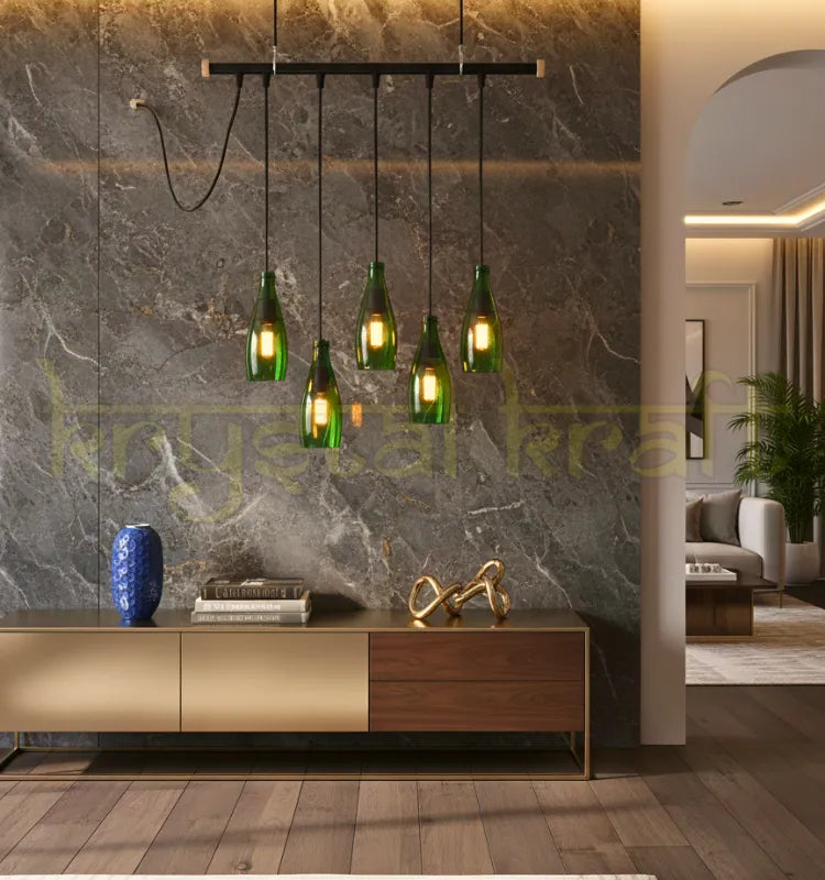 Krystal Kraft Green Perrier Glass Bottle Chandelier – Eco-Friendly Lighting Décor