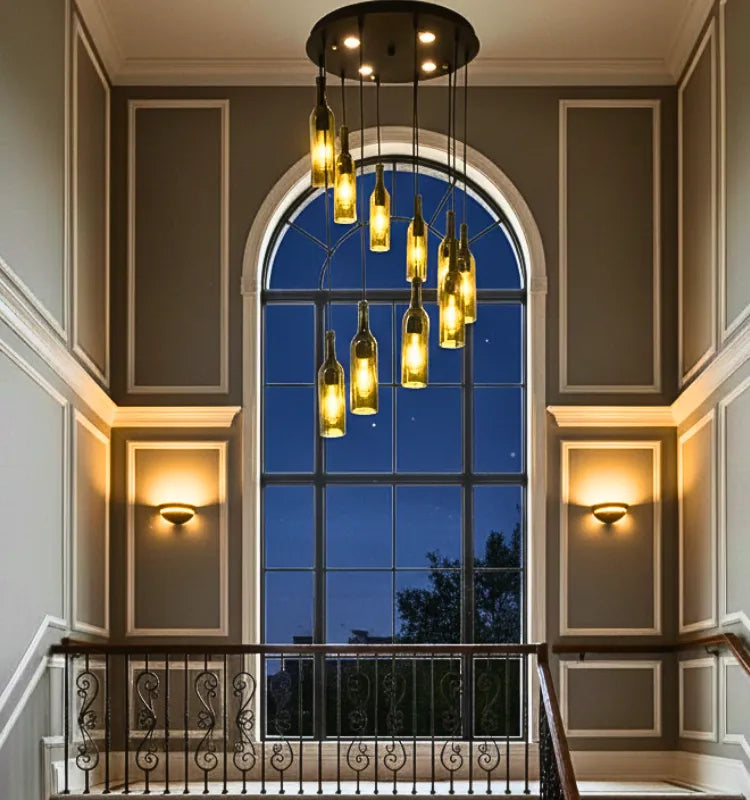 Krystal Kraft handmade Sula glass bottle chandelier with 10 pendant lights – eco-friendly upcycled wine bottle lighting for home and restaurant decor