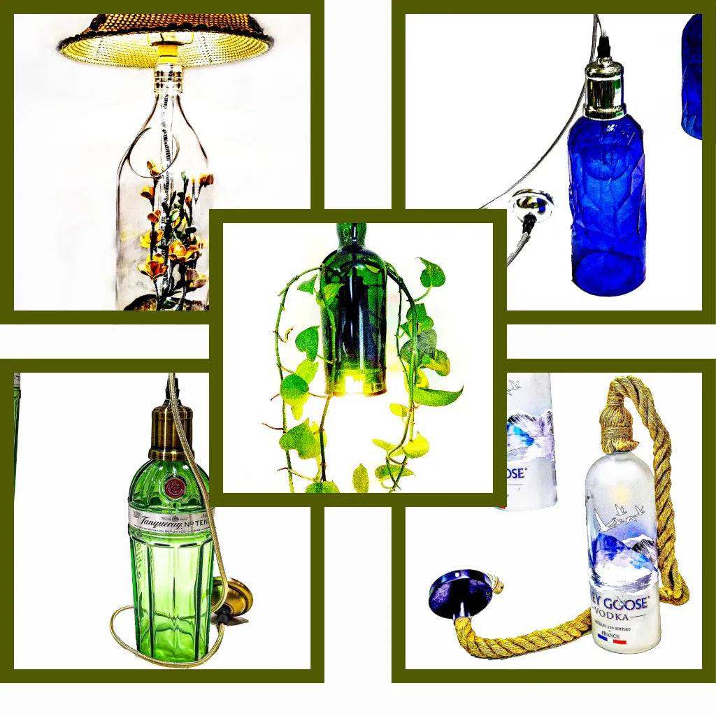 Krystal Kraft lighting collection upcycled bottle lighting fixtures handmade glass lamps