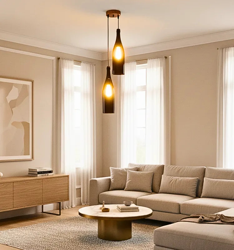 Krystal Kraft vintage glass bottle chandelier made from upcycled wine bottles — eco-friendly hanging ceiling lamp perfect for home, restaurant, and living room décor in India.