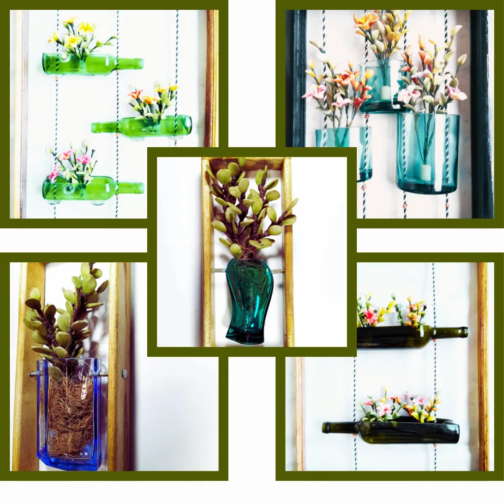 Krystal Kraft wooden frame planters collection handmade planters with wood and glass upcycled bottles