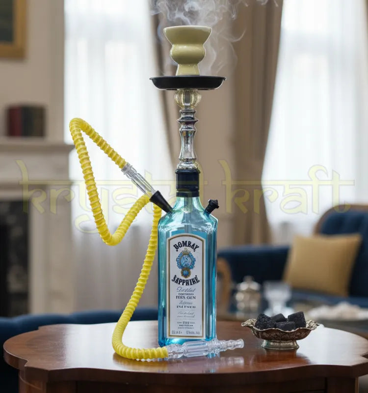 Handcrafted recycled Bombay Sapphire glass hookah with silicon pipe chillum and tong