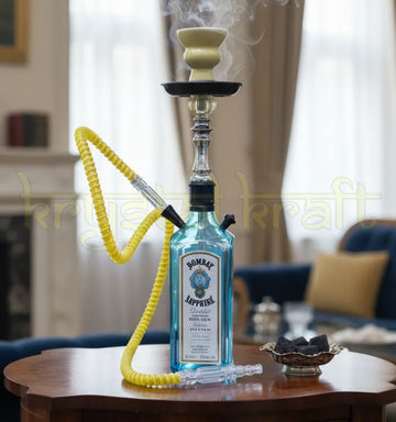 Handcrafted recycled Bombay Sapphire glass hookah with silicon pipe chillum and tong
