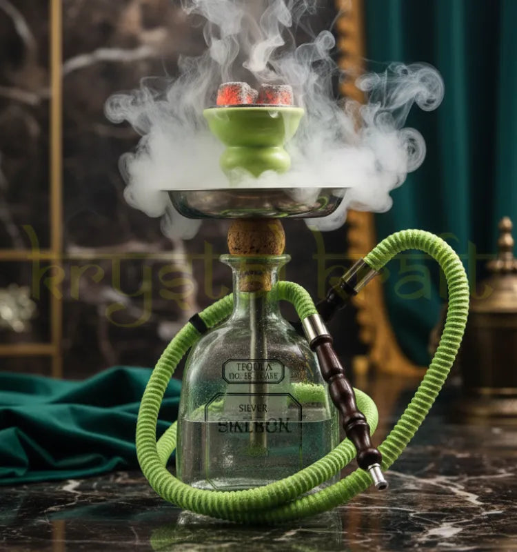Handcrafted recycled Patron tequila glass hookah by Krystal Kraft with hose, chillum and tong