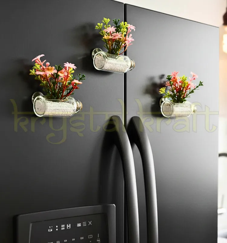 Set of 3 mini glass bottle planter fridge magnets made from repurposed clear glass bottles with faux plants – eco-friendly home décor and sustainable gift idea."