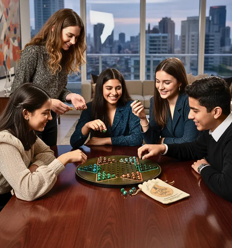 Premium 16-inch HDMDF Chinese Checkers Wooden Board with Marbles”