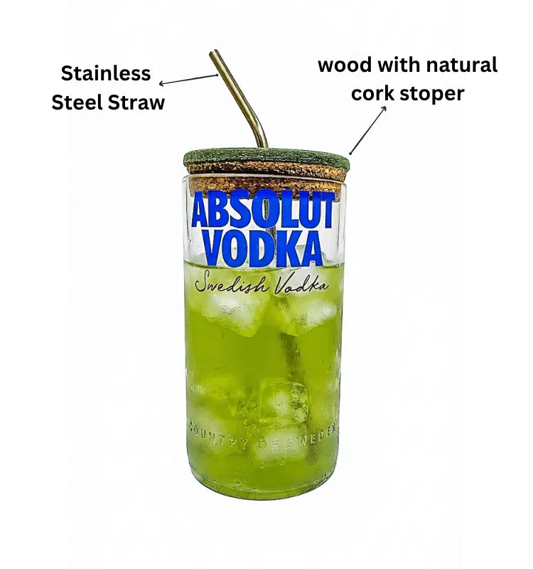 Lifestyle image showing eco-friendly handmade Absolut bottle sipper suitable for water, juice and smoothies.