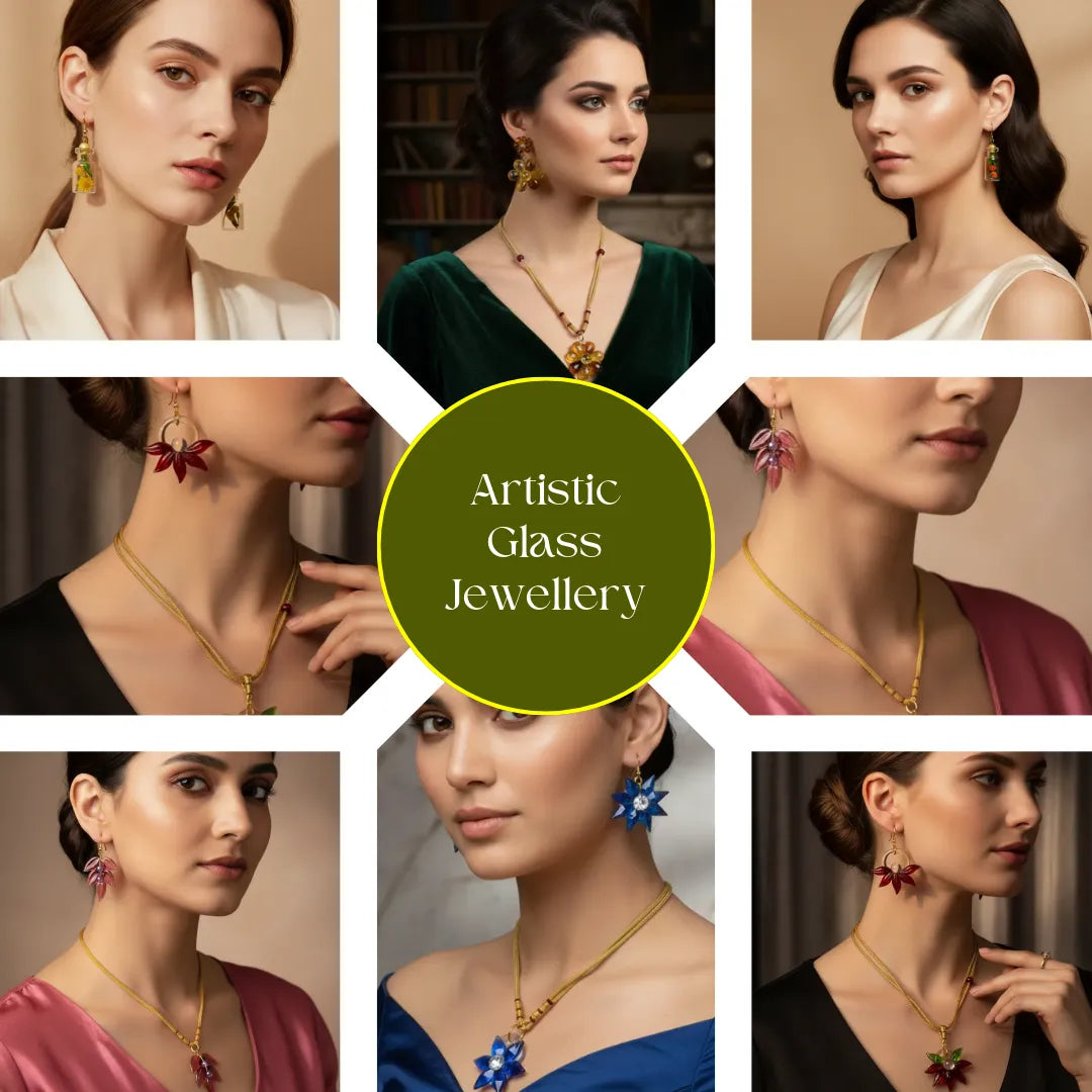 Premium handcrafted artistic glass earrings – Krystal Kraft upcycled glass jewellery collection made in India"