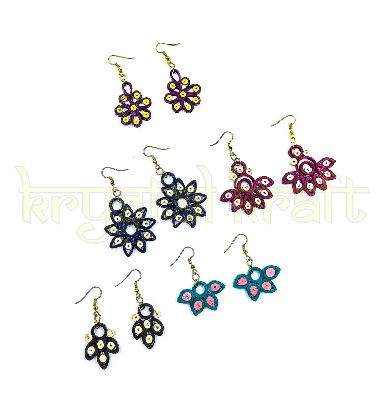 Paper quilling earrings set of 5 handmade by artist Farisa Merchant for Krystal Kraft.