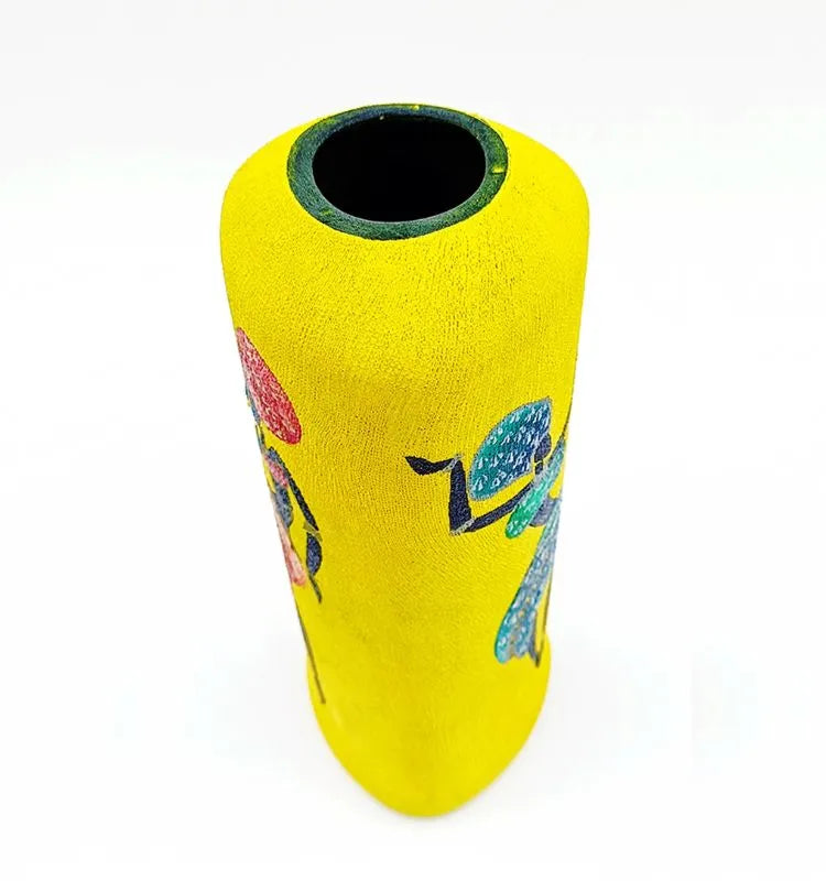 Hand-Painted Dancing African Lady Yellow Bottle Vase
