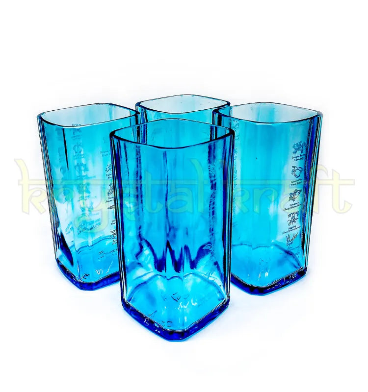 Recycled alcohol bottle glasses set made from Bombay Sapphire bottles in India