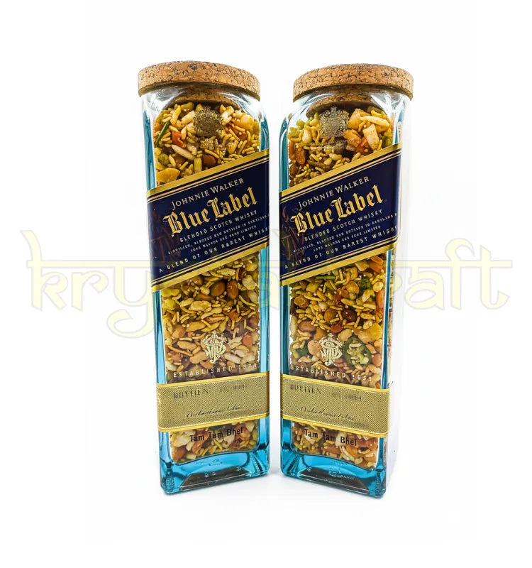 Handcrafted upcycled blue label glass bottle jars set of 2 for storage and decor.