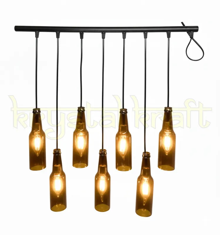 Artisan-crafted brown beer bottle hanging lamp set – sustainable decorative lighting by Krystal Kraft