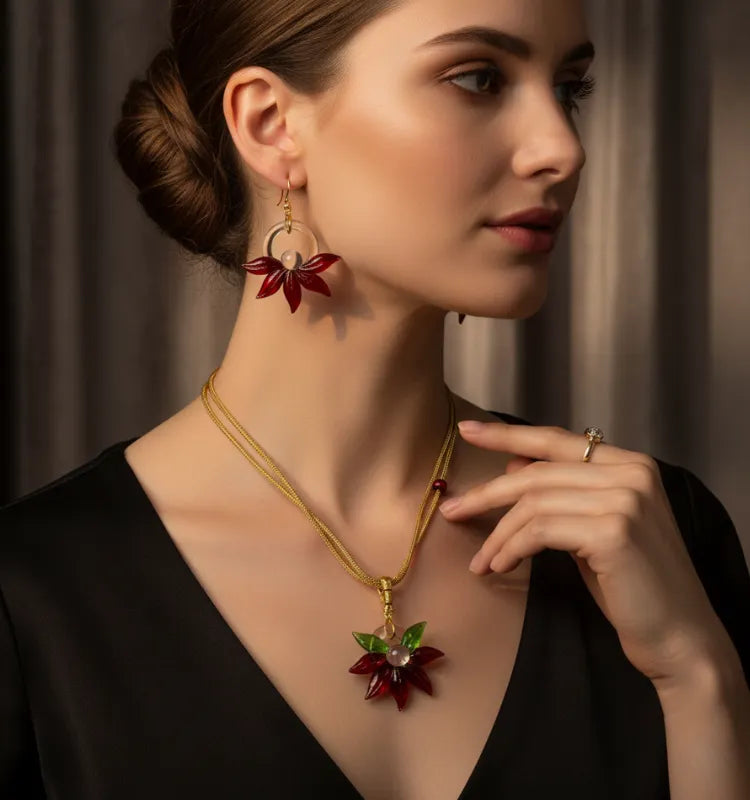 Red floral handcrafted glass earrings and pendant set by Krystal Kraft