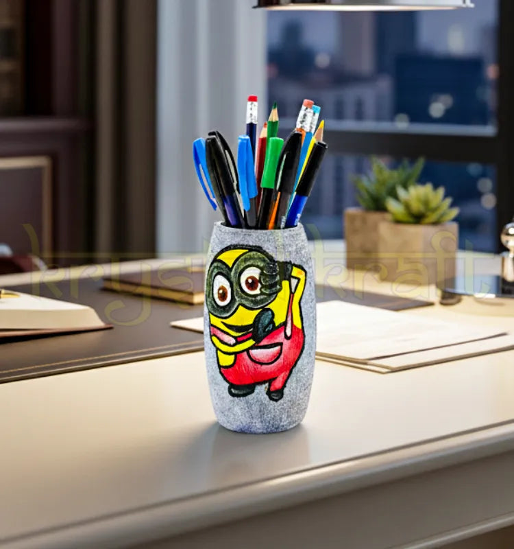 Recycled glass bottle hand-painted with a cheerful Minion taking a selfie on a purple base, accented with pink and yellow acrylics — an eco-friendly mini vase by Krystal Kraft.