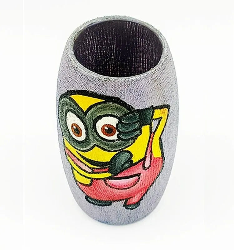  Playful Selfie Minion design painted on a recycled purple glass mini bottle — lightweight, eco-friendly, and finished with Liquitex for long-lasting shine.