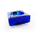 Close-up of polished smooth cut edge on upcycled Haig Club blue glass bottle planter