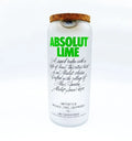 Upcycled Absolut Lime jars retaining original green design, handcrafted to blend style and sustainability for chic home or kitchen decor.