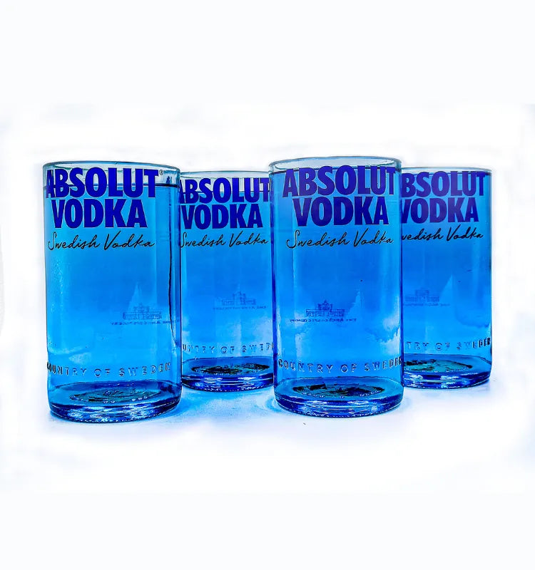 Upcycled Absolut vodka glasses set of four, eco-friendly recycled bottle art drinkware