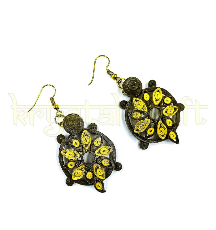 Handcrafted green and yellow turtle paper quilling earrings made by artist Farisa Merchant, eco-friendly and lightweight.