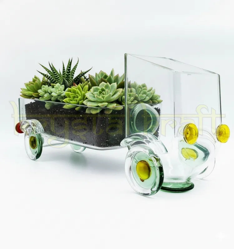 Handcrafted Eco-Friendly Upcycled Glass Bottle Truck by Krystal Kraft, designed by Raees Ahmed Merchant – made from repurposed gold label whisky bottles, perfect as a snack server, candleholder, or artistic centerpiece.