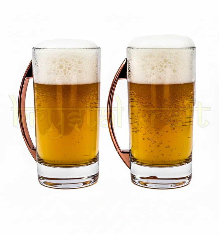 Handcrafted upcycled Indri Whisky mug set made from recycled whisky bottles with metal handles, displayed on a rustic wooden table.