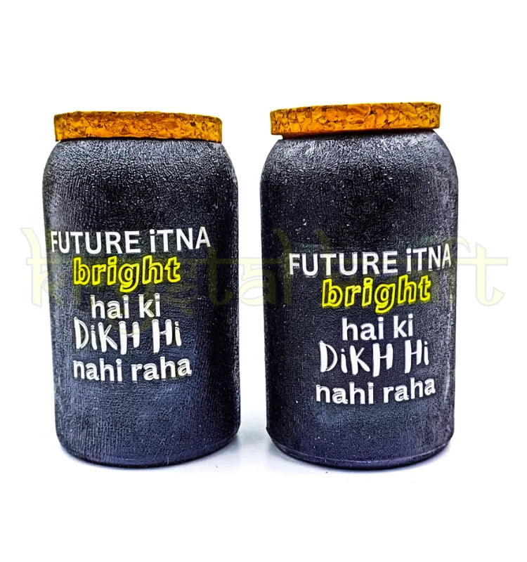 Two eco-friendly upcycled Jaisalmer glass jars featuring smooth polished finishes, cork lids, and engraved motivational quotes for stylish sustainable living.