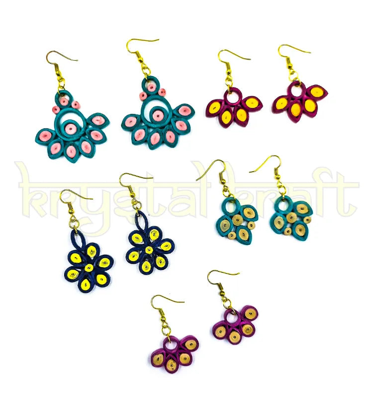 Eco-friendly handmade paper quilling earrings set of 5 by Krystal Kraft, crafted by artist Farisa Merchant"