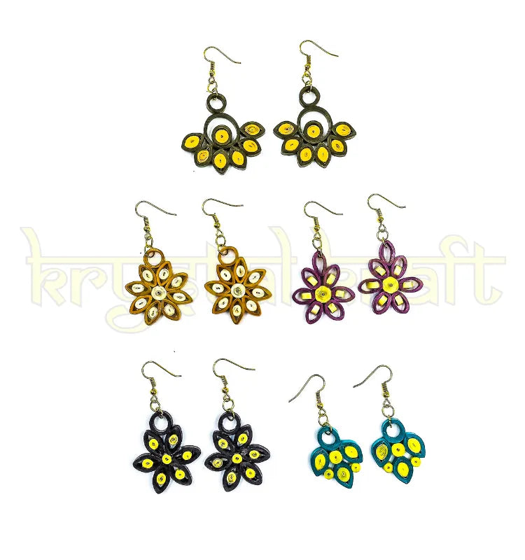 "Colorful handmade paper quilling jhumka and stud earrings set featuring unique designs by Krystal Kraft."