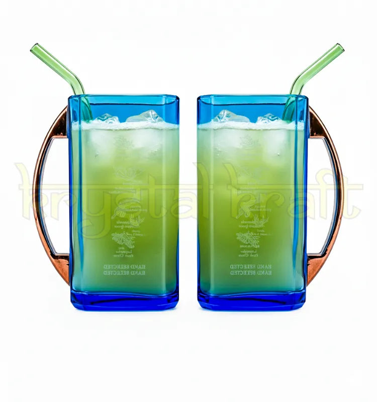 Elegant set of two upcycled glass mugs crafted from real Bombay Sapphire bottles, showcasing sustainable design and artisanal craftsmanship by Krystal Kraft.