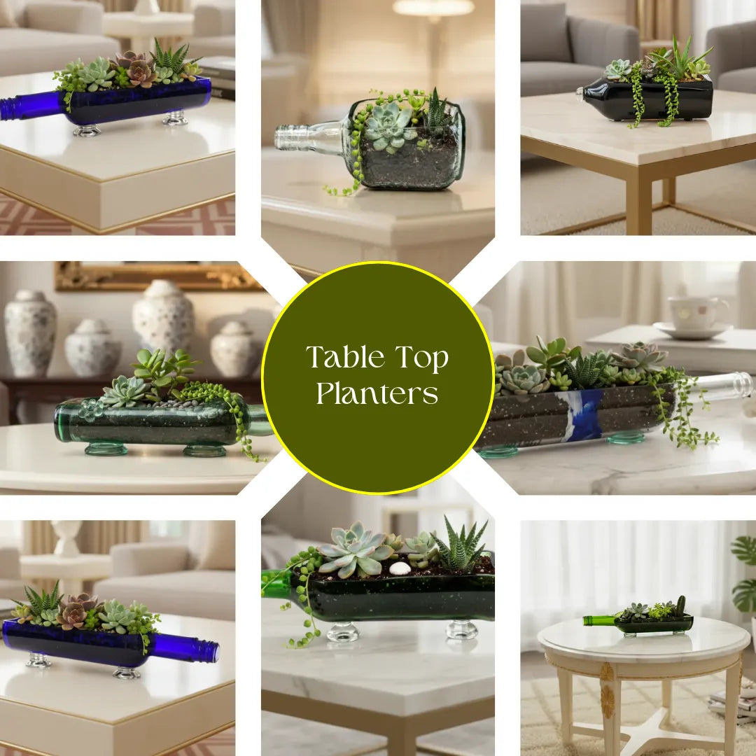 “Handcrafted eco-friendly glass bottle table top planter by Krystal Kraft – upcycled decorative indoor planter made in India”