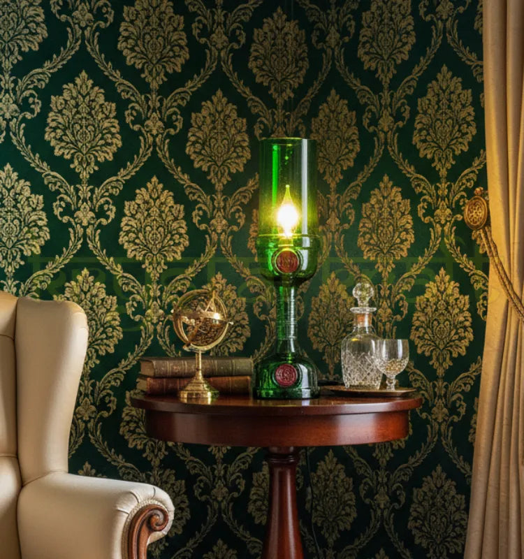 Handcrafted upcycled Tanqueray bottle table lamp glowing warm light