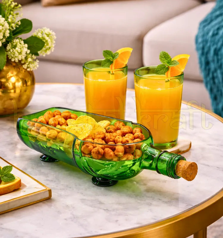 Handmade Tanqueray green platter with two upcycled glasses by Krystal Kraft