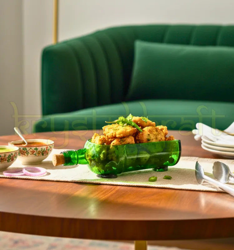 Tanqueray green upcycled bottle platter with two glasses by Krystal Kraft