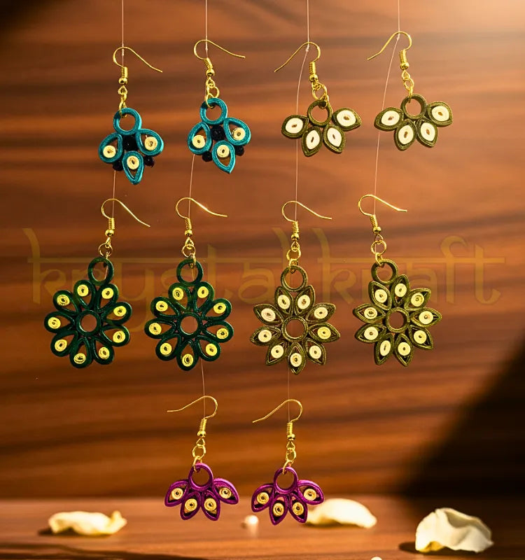 Multicolor sustainable paper quilling earrings set of 5 handmade by artisan Farisa Merchant for Krystal Kraft”