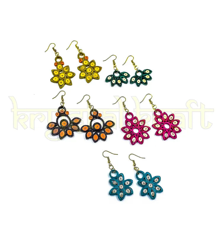 Image of a set of 5 handmade paper quilling earrings featuring colorful jhumka and stud designs, crafted by artist Farisa Merchant, displayed in a neat list of keywords for jewelry SEO.