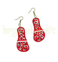 Pair of unique paper quilling jhumka earrings in red and white displayed in eco-friendly gift box, perfect handmade jewelry gift for festivals and special occasions.