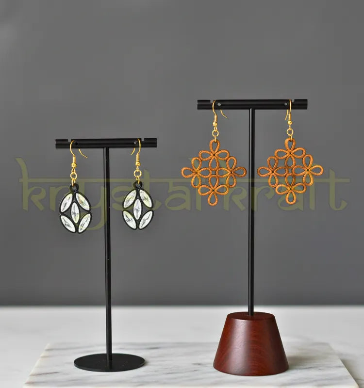 Unique ring-style artistic brown and white quilling earrings set handcrafted by artist Farisa Merchant for Krystal Kraft