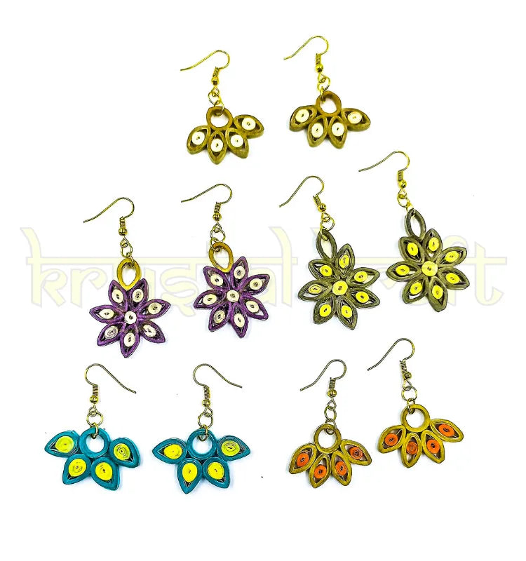Handmade multicolor paper quilling earrings set of 5 by Krystal Kraft, crafted by artist Farisa Merchant”