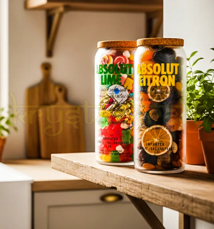 Set of two handcrafted upcycled Absolut Lime and Citron jars featuring original branding and polished finish, perfect for eco-friendly home decor or gifting.