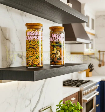 Set of two handcrafted upcycled Absolut Raspberri jars made from original bottles, featuring sleek pink branding—perfect for sustainable home decor or gifting.