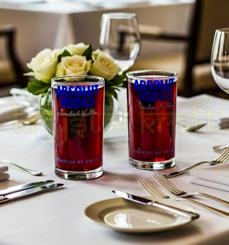 Handcrafted upcycled Absolut Vodka glasses set made from recycled bottles by Krystal Kraft.