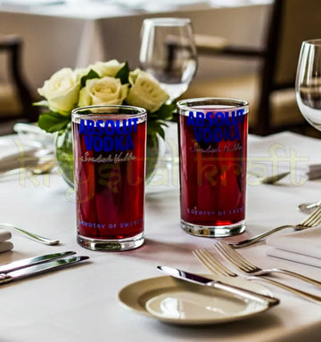 Handcrafted upcycled Absolut Vodka glasses set made from recycled bottles by Krystal Kraft.