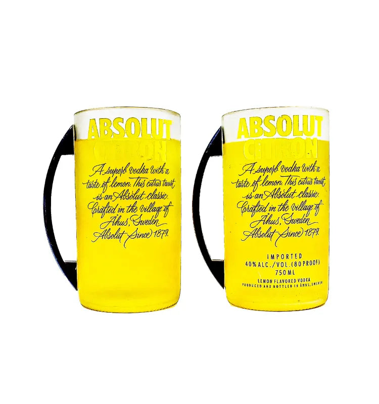Upcycled Absolute Citron glass mug set of two made from recycled bottles – eco-friendly handcrafted glassware