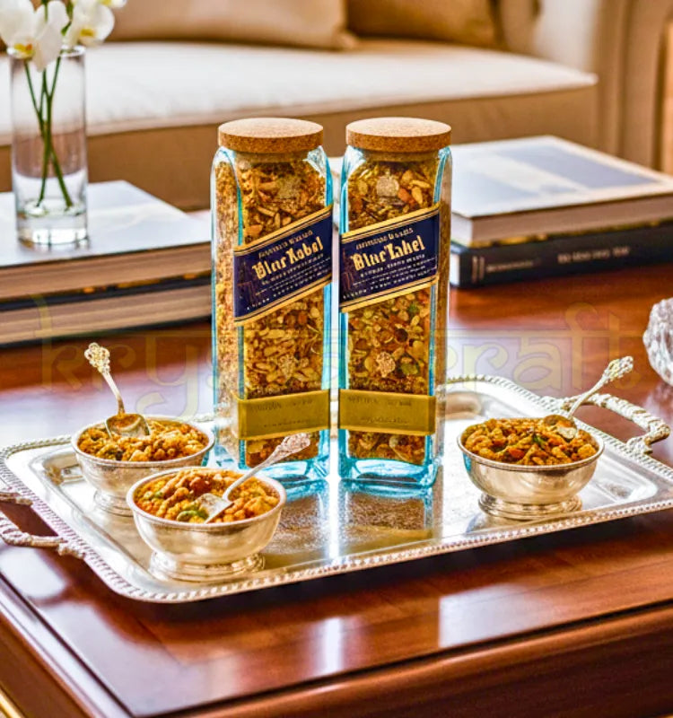 Handcrafted upcycled blue label glass bottle jars set of 2 for storage and decor.