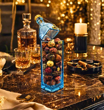 Handmade upcycled blue label glass bottle canister with cork lid used for candy storage and eco-friendly home decor in India.