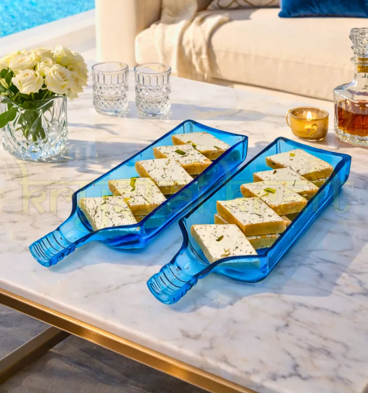 Handcrafted upcycled Bombay Sapphire glass bottle platter set of 2 for serving and gifting.